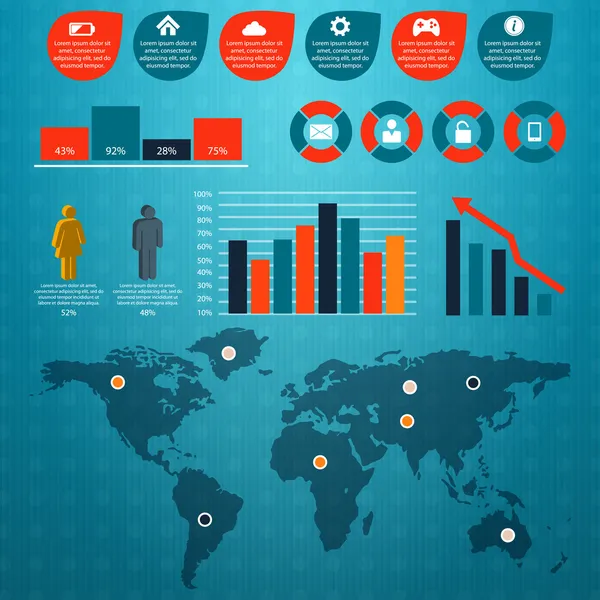 Kit Infographie Rétro Carte Monde Graphiques Information — Image vectorielle