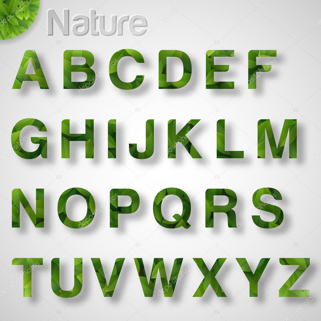 Green Leaves font. Vector illustration.