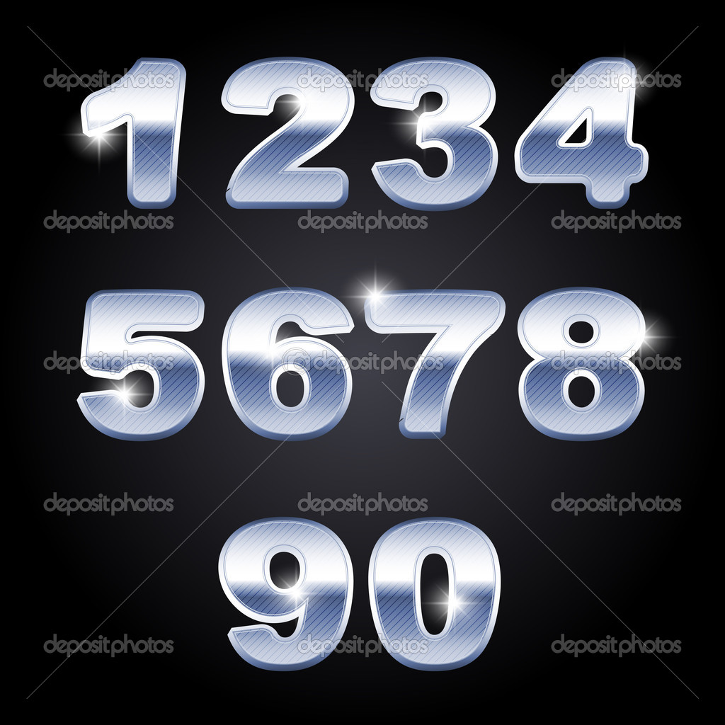 Number from 0 to 9 in chrome over white background