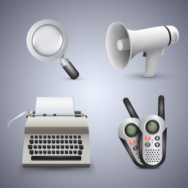 Magnifying glass, gramophone, typewriter and radio. Vector icons. clipart