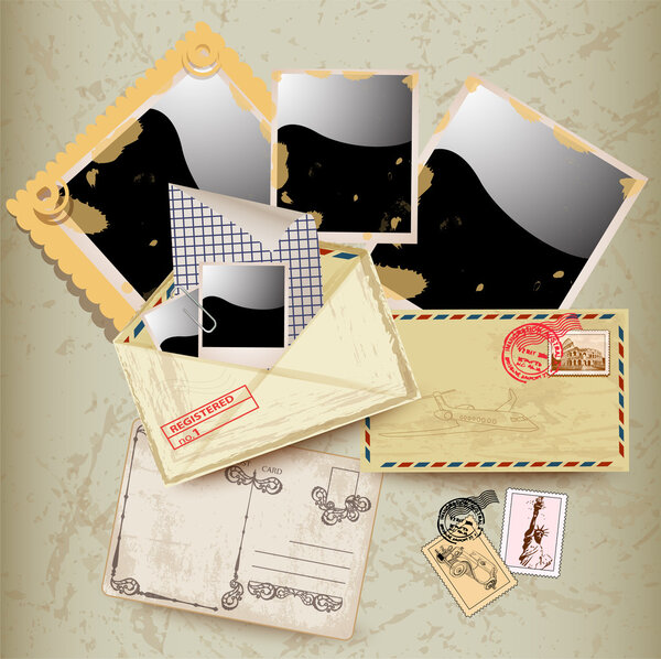 Set of envelope, stamp and instant photo frame.