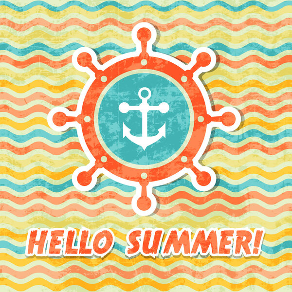 Illustration anchors and steering wheel on a background of colored waves