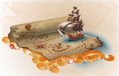 Illustration of Pirate Ship and Pirate Treasure Map clipart