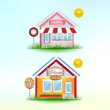 çizgi film dükkanları kümesi. Pizza ve tatlı Dükkanı. vektör çizim.