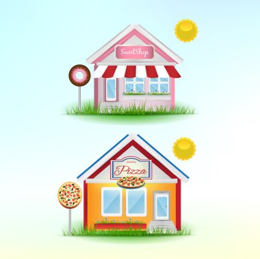 Set of Cartoon Shops. Pizzeria and Sweet shop. Vector Illustration. clipart