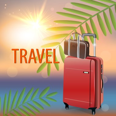 Travel suitcase on tropical beach. Vector clipart