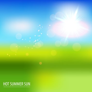 Green field and blue sky with summer sun. Vector illustration. clipart
