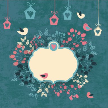 Vintage floral background with cute birds in pastel colors clipart