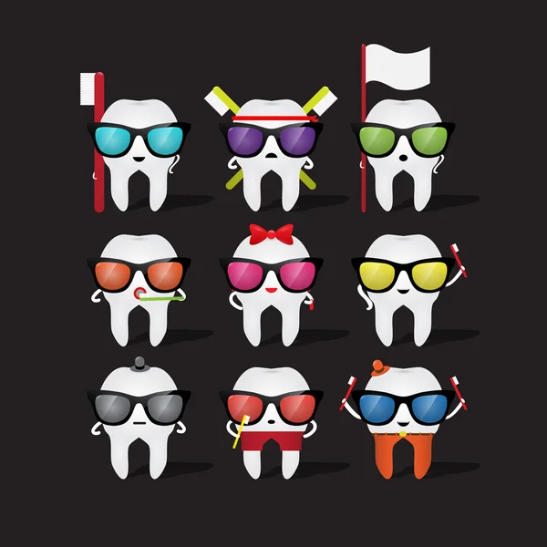 Set Iconos Diente Dibujos Animados Sosteniendo Cepillo Dientes — Vector de stock