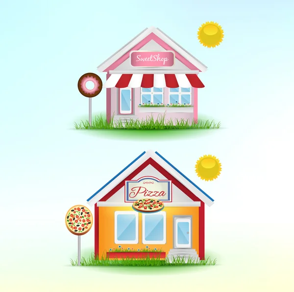 Set Cartoon Shops Pizzeria Sweet Shop Vector Illustration — Stock Vector