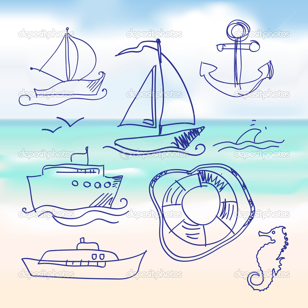 Sea and hand-drawn boat set. Vector