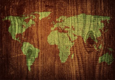 World map carving on wood plank clipart