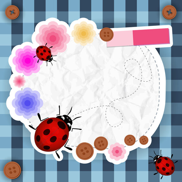 Cute pink frame with flowers, buttons and ladybug