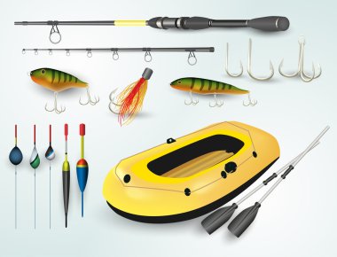 Fishing boat and rod elements clipart