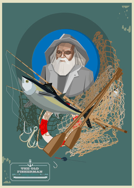 Old fisherman with fishing equipment isolated on blue. Vector illustration