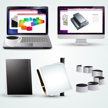 Vector office laptop with business diagram, computer, cup and office accessories clipart