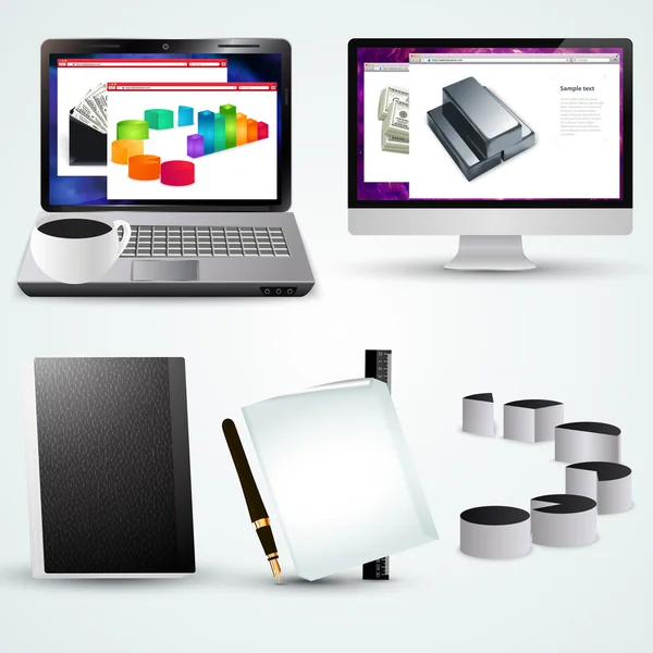Vektor Büro Laptop Mit Geschäftsdiagramm Computer Tasse Und Bürozubehör — Stockvektor