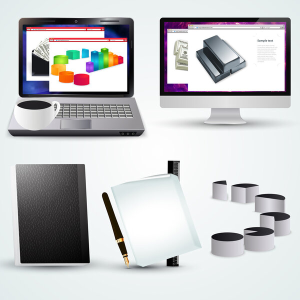 Векторный офисный ноутбук с бизнес-диаграммой, компьютером, чашкой и офисными принадлежностями
