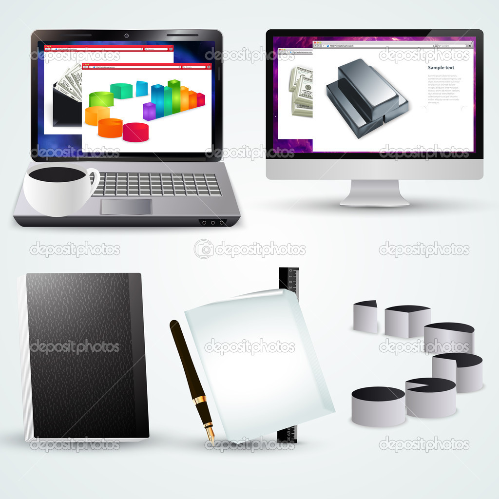 Vector office laptop with business diagram, computer, cup and office accessories