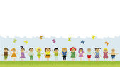 Vektoros illusztráció a gyermekek állt egy sorban a zöld mezőben. Copyspace a felhők és a pillangók