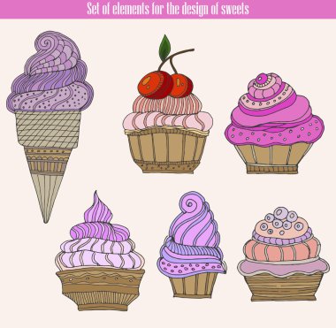 Set of elements for the design of sweets Ice cream and cupcake set. Hand drawing sketch vector illustration. clipart