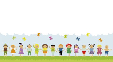Vector illustration of children standing in a row on the green field. Copyspace with clouds and butterflies clipart