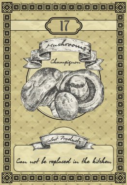 Kitchen banner with champignon mushrooms. Vintage style vector illustration clipart