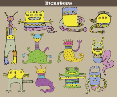 Set of multicolored cartoon monsters against grey background. Vector image clipart