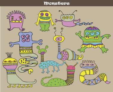 Set of multicolored cartoon monsters against grey background. Vector image clipart