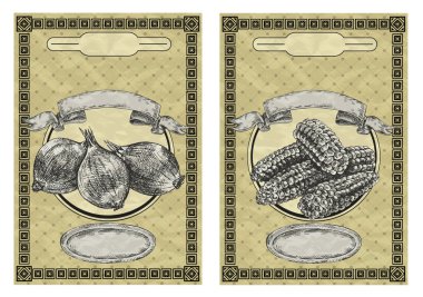 Vintage banners with onion and corn. Vintage style vector illustration clipart