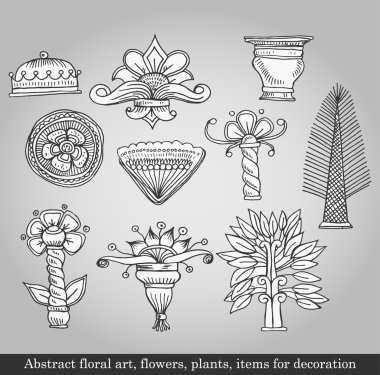 soyut çiçek sanat, çiçekler, bitkiler, öğeleri gri arka plan dekorasyon için. vektör çizim retro tarzı