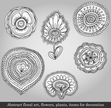 Abstract floral art, flowers, plants, items for decoration on gray background. Vector illustration in retro style clipart
