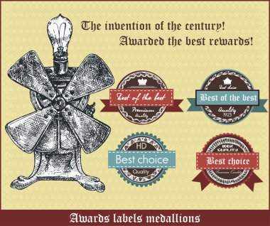 The invention of the century. Awarded the best rewards.Awards labels medallions. Vector retro illustration clipart