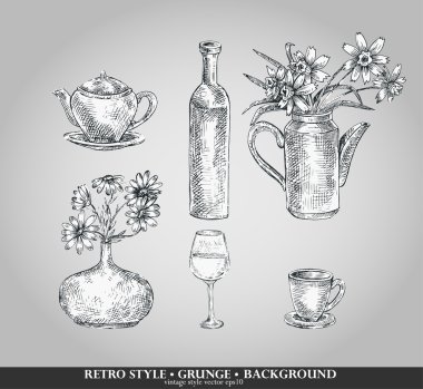 Vector set of kitchen ware. Teapot, bottle, vase, glass,cup. Retro style clipart