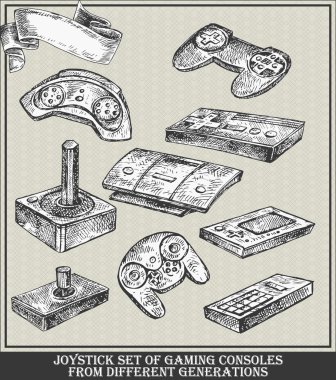 Joystick set of gaming consoles from different generations. Vector sketch illustration clipart
