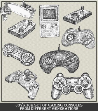 Joystick set of gaming consoles from different generations. Vector sketch illustration clipart