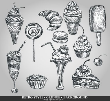 Ice cream and cake set. Hand drawing sketch vector illustration. Retro style clipart