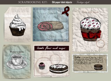 Coffee and cake set. Old paper label vector illustration. Vintage style clipart