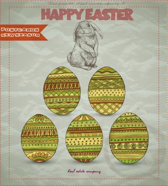 Retro Easter card with bunny and eggs clipart