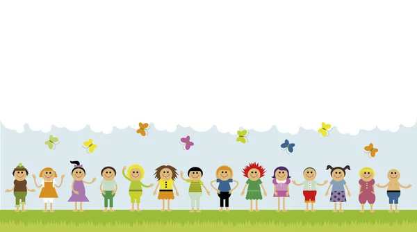 Εικονογράφηση Φορέας Των Παιδιών Που Στέκεται Μια Σειρά Στο Πράσινο — Διανυσματικό Αρχείο