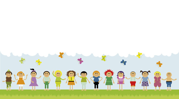 Vector illustration of children standing in a row on the green field. Copyspace with clouds and butterflies