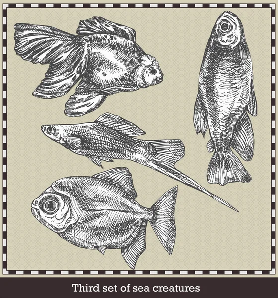 Set Sea Fishes Retro Style Vector Illustration Isolated Grey Background — Stock Vector