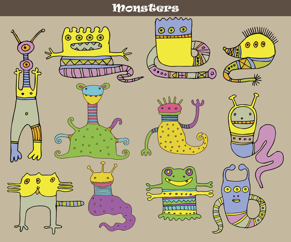 Set of multicolored cartoon monsters against grey background. Vector image