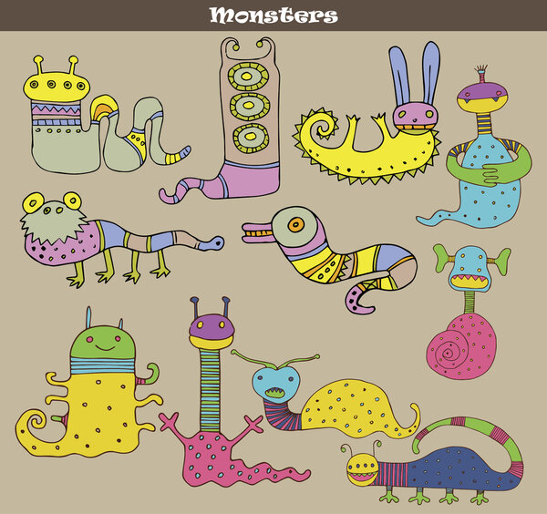 Набор разноцветных мультяшных монстров на сером фоне. Векторное изображение
