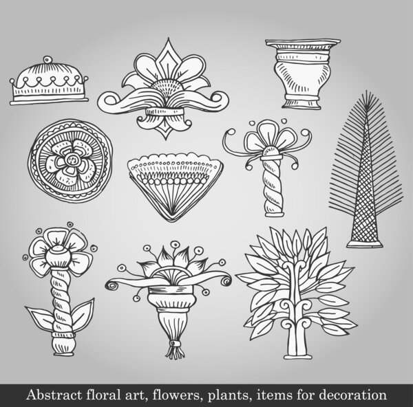 Abstract floral art, flowers, plants, items for decoration on gray background. Vector illustration in retro style
