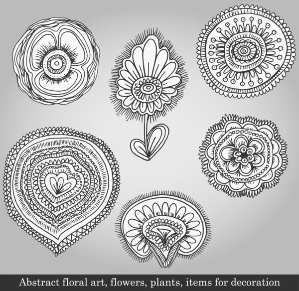 Abstract Floral Art Flowers Plants Items Decoration Gray Background Vector — Stock Vector