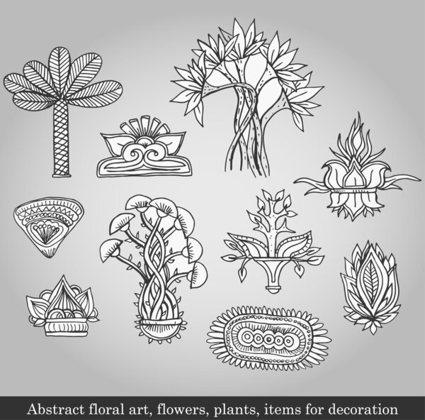 Abstract floral art, flowers, plants, items for decoration on gray background. Vector illustration in retro style