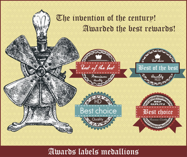 The invention of the century. Awarded the best rewards.Awards labels medallions. Vector retro illustration