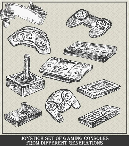 Ensemble Consoles Jeux Joystick Différentes Générations Illustration Croquis Vectoriels — Image vectorielle