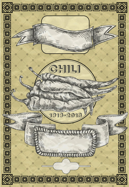 Винтажный баннер с перцем чили. Векторная иллюстрация винтажного стиля
